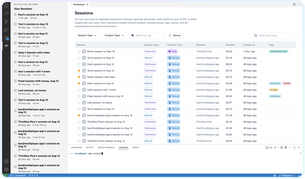 Bring full stack session recordings directly into your IDE