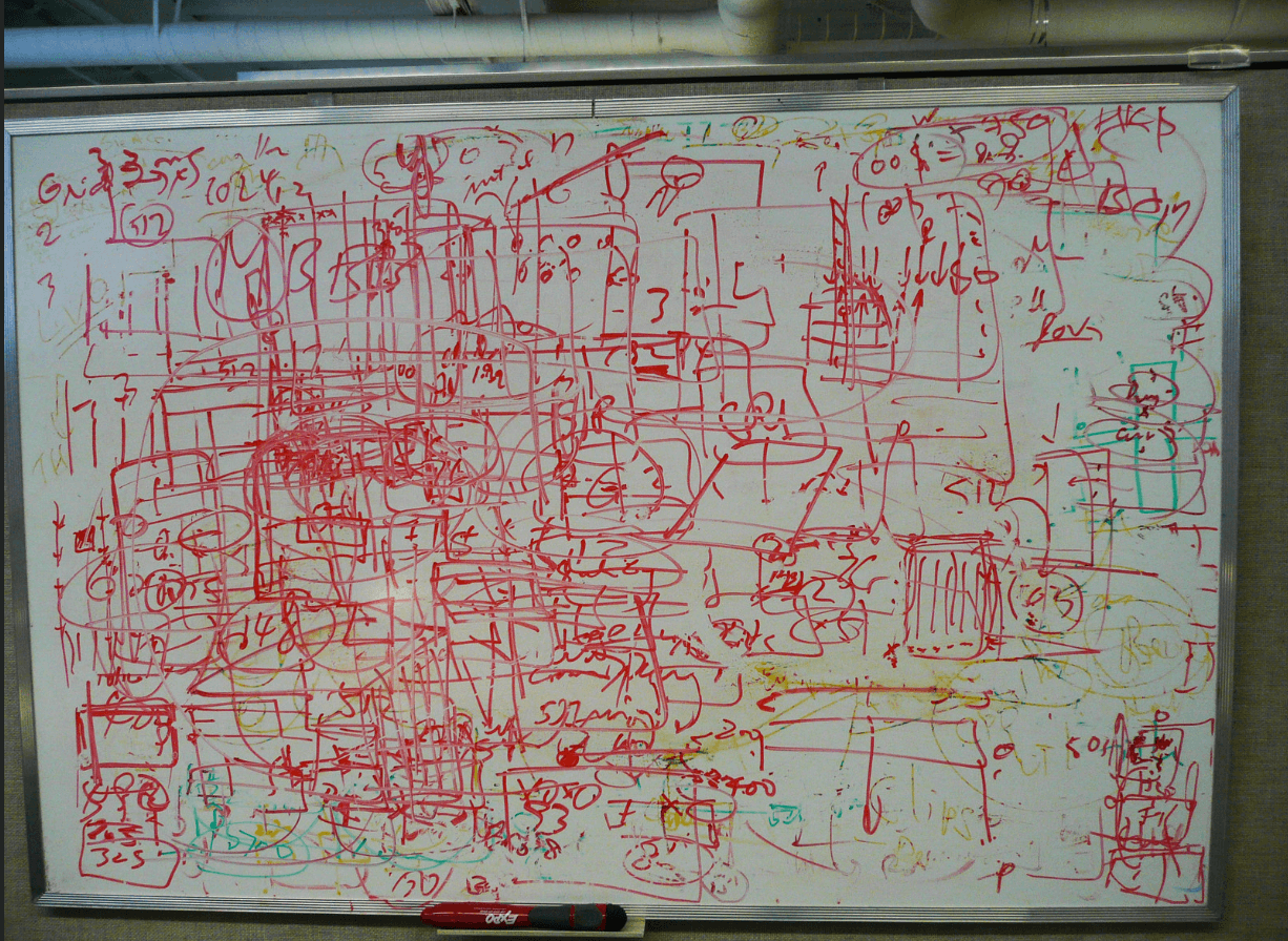Whiteboard with a confusing and jumbled system architecture diagram