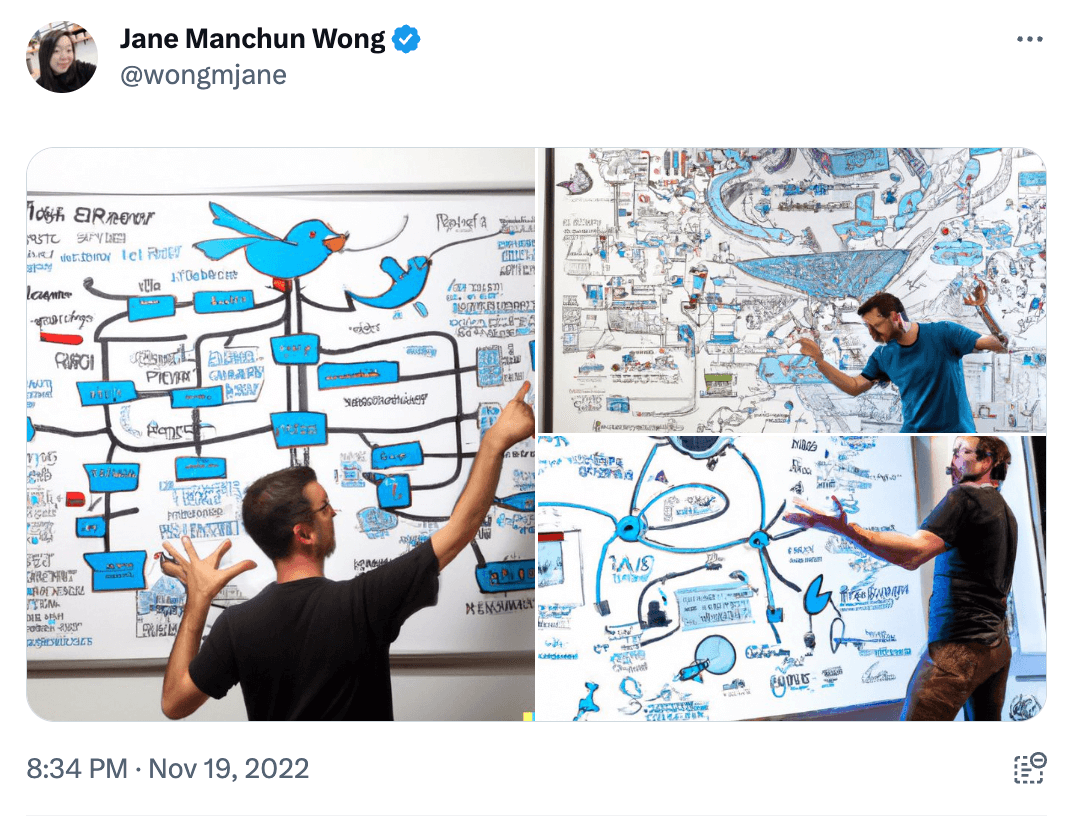 "Photorealistic photo of a hardcore Twitter employee frantically dramatically manically presenting an extremely complicated complex whiteboard architecture diagram of Twitter on a giant whiteboard inside a meeting room in Twitter headquarter"