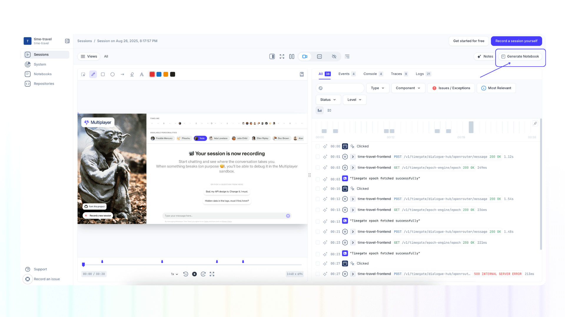 Automatically create test scripts from a full stack session recording