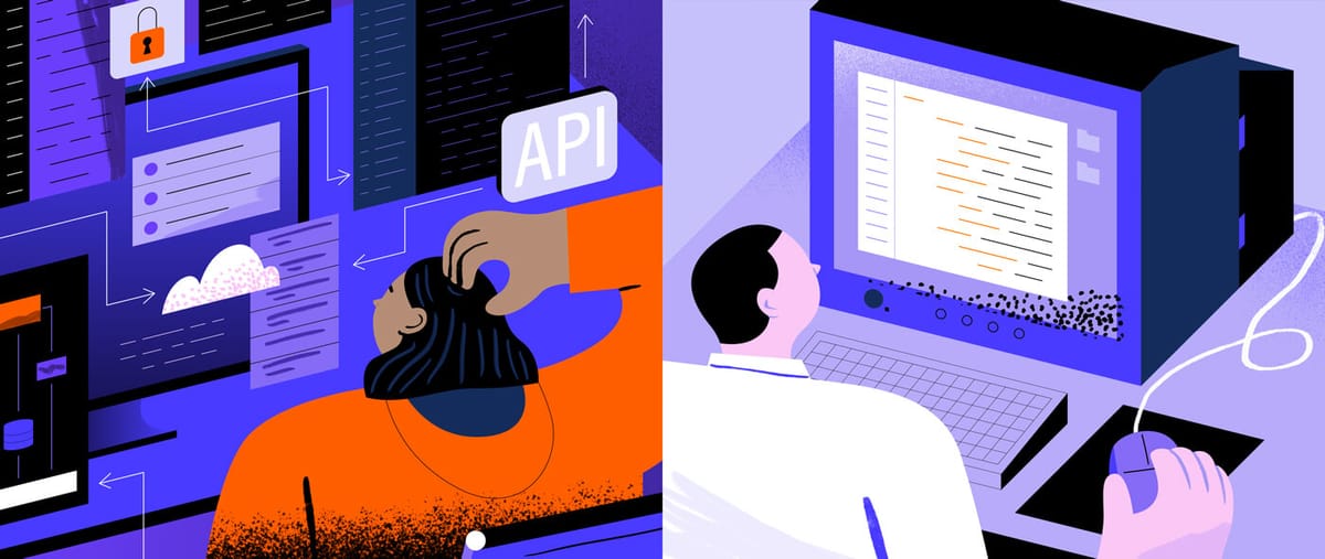 Comparison of backend development today (on the left) and 20 years ago (on the right)