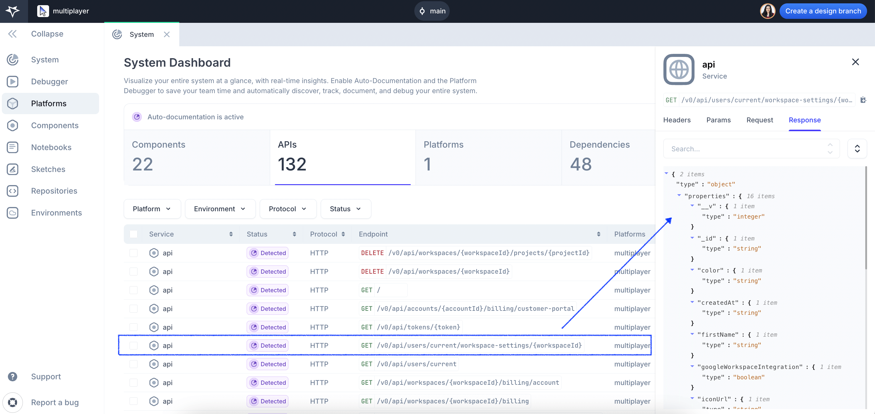Opening the APIs side panel in the System Dashboard
