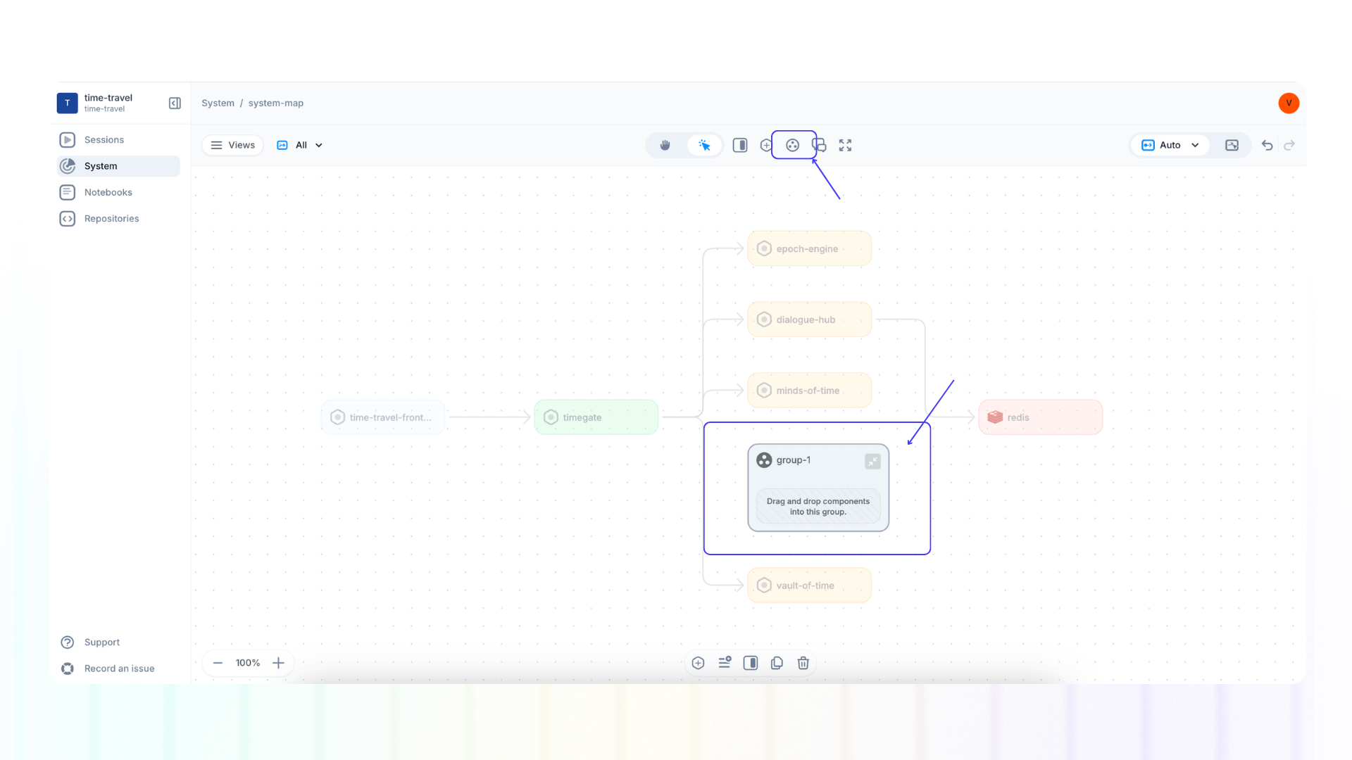 Screenshot of system map creating a group