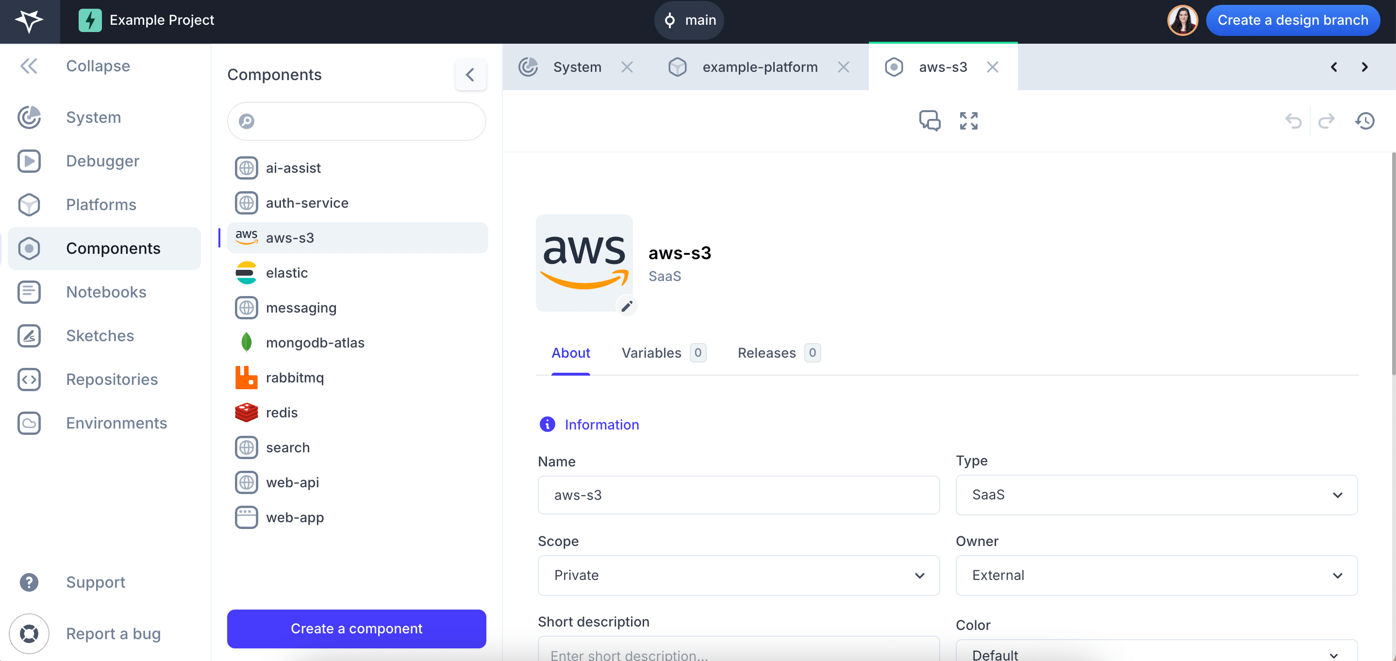 Screenshot of the Components section