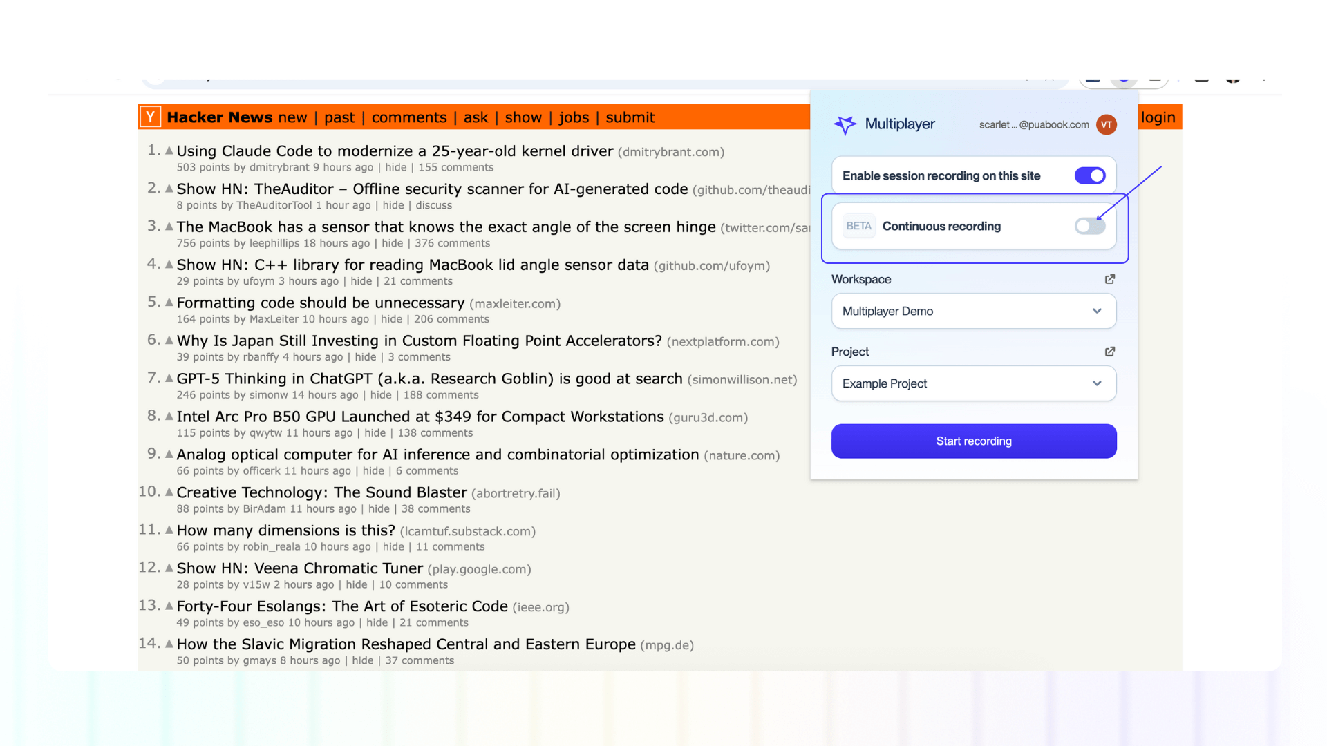 Screenshot of a browser extension with continuous options