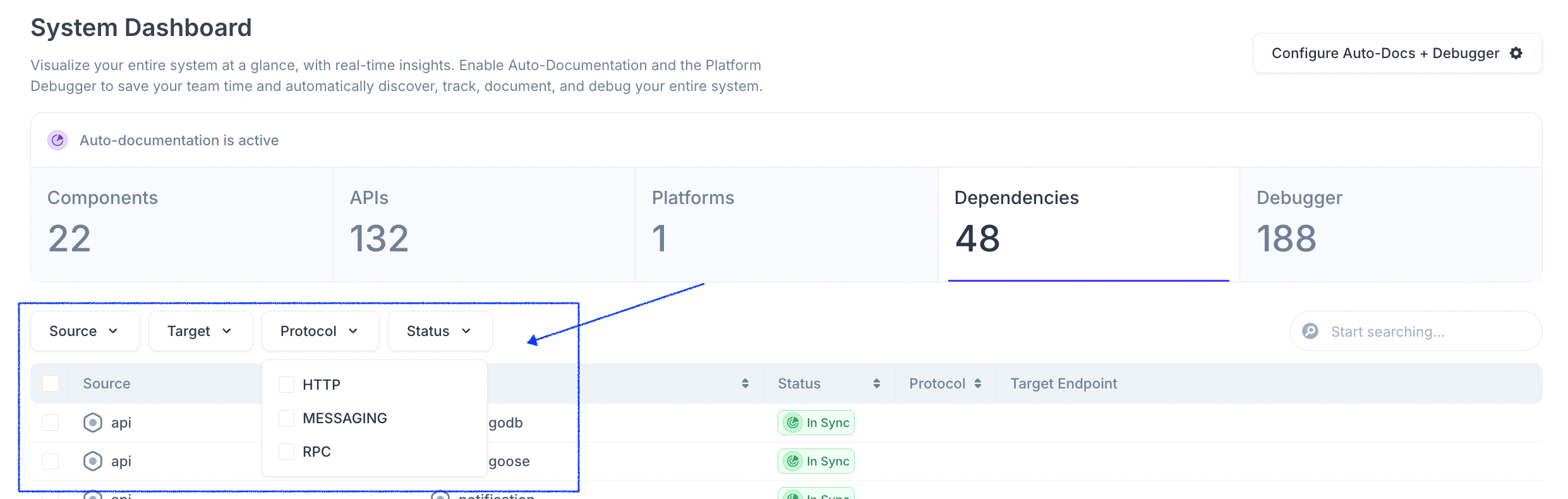 Filtering options in the System Dashboard for dependencies