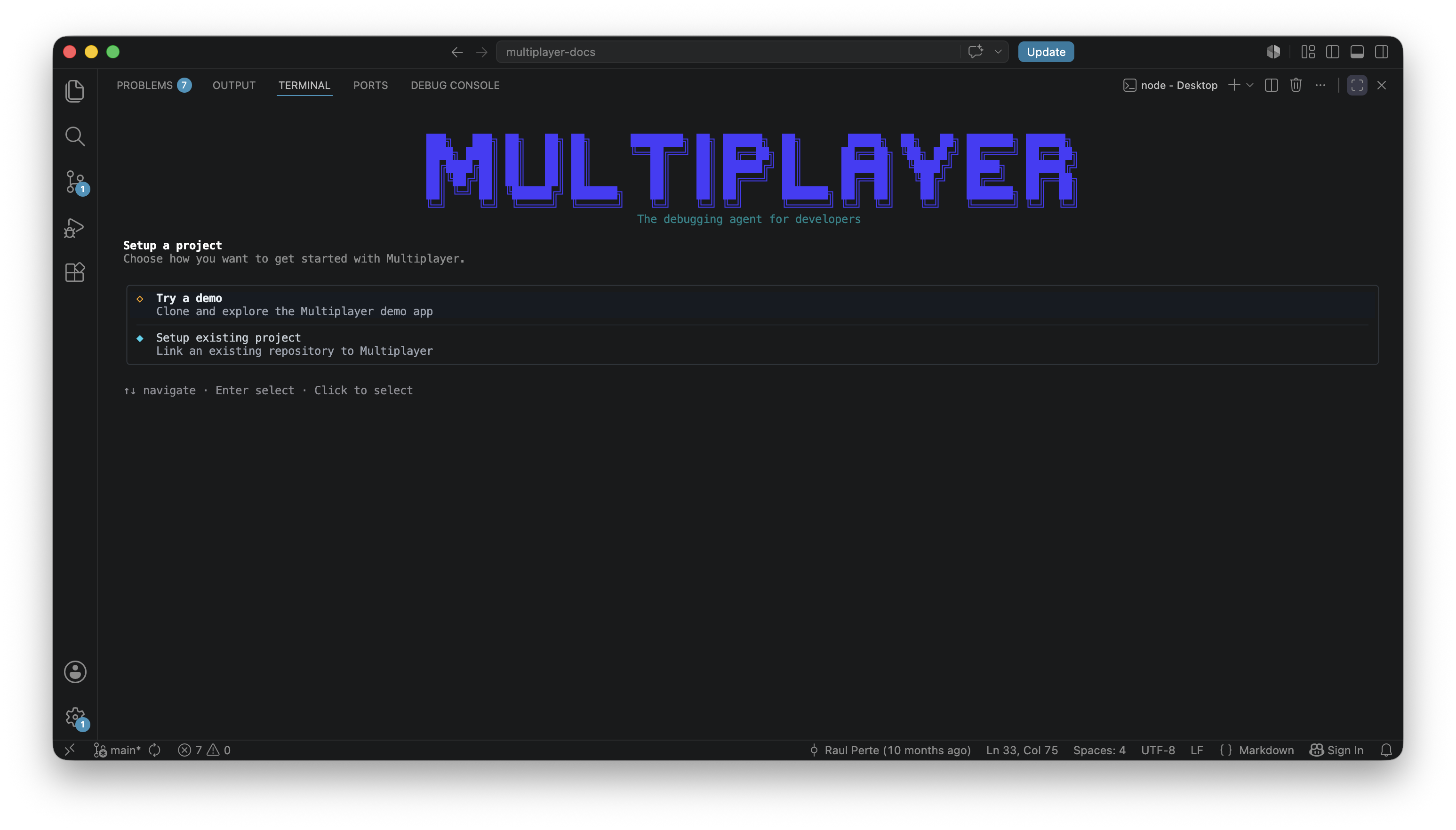 Multiplayer CLI setup screen offering "Try a demo" or "Setup existing project"
