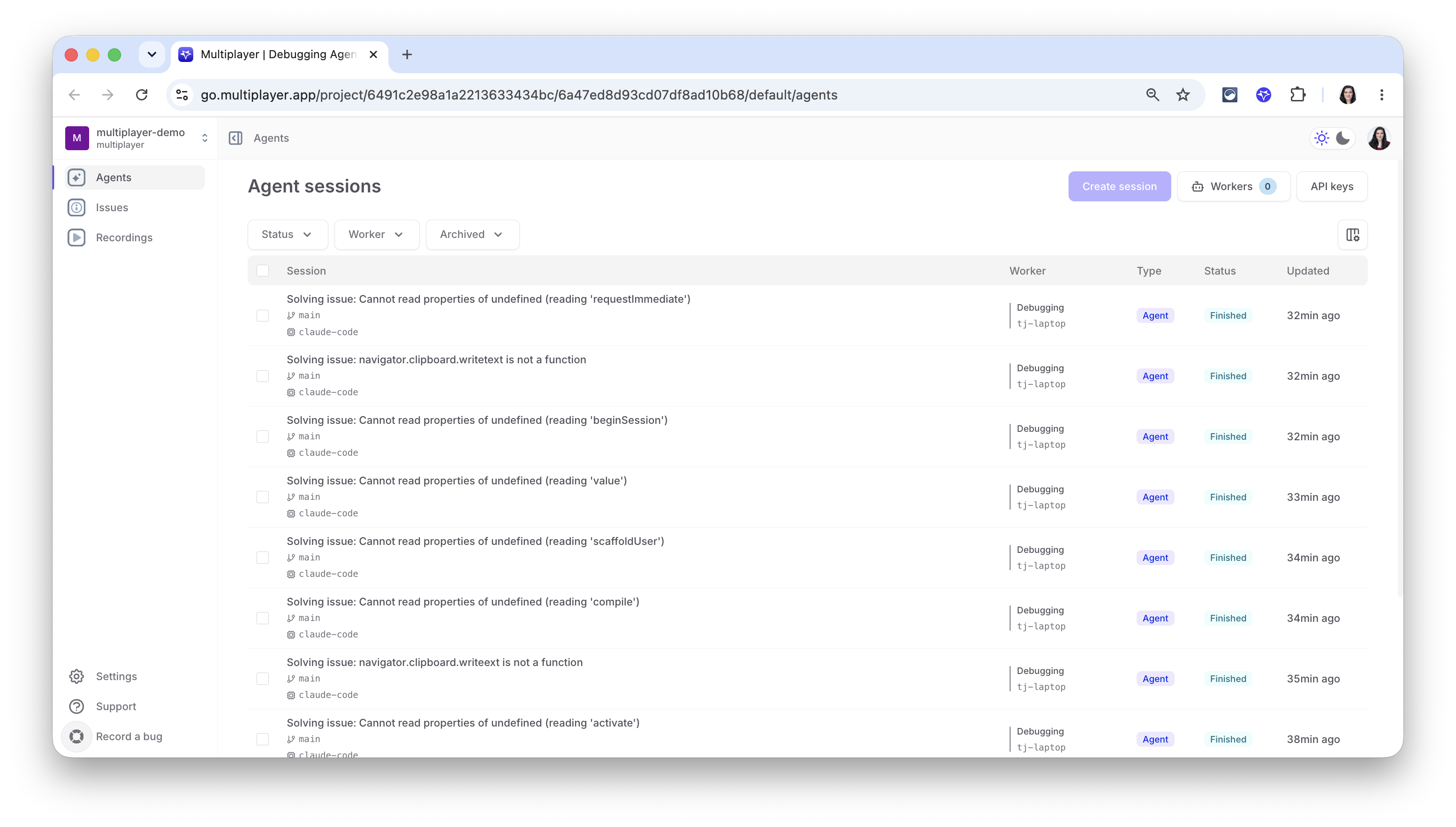 Web dashboard, Agents tab