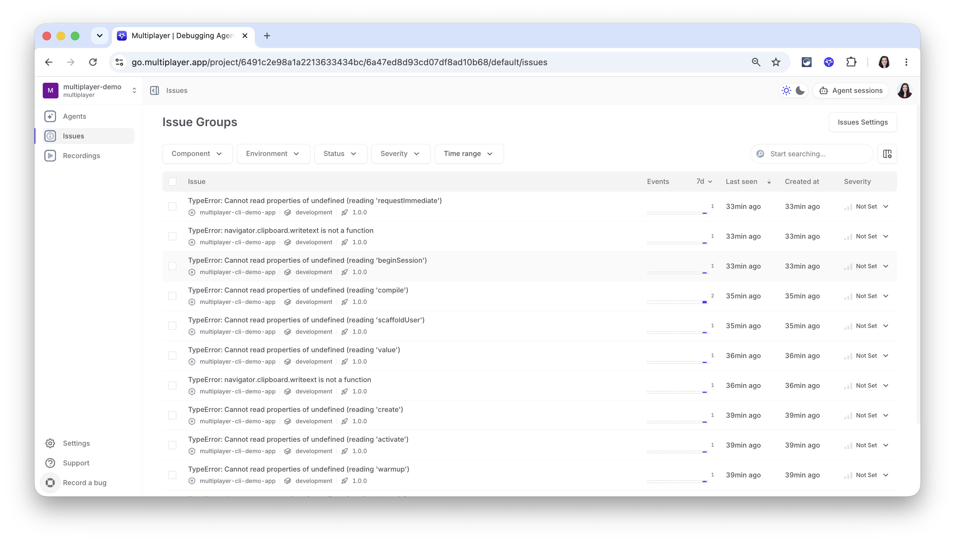 Web dashboard, Issues tab