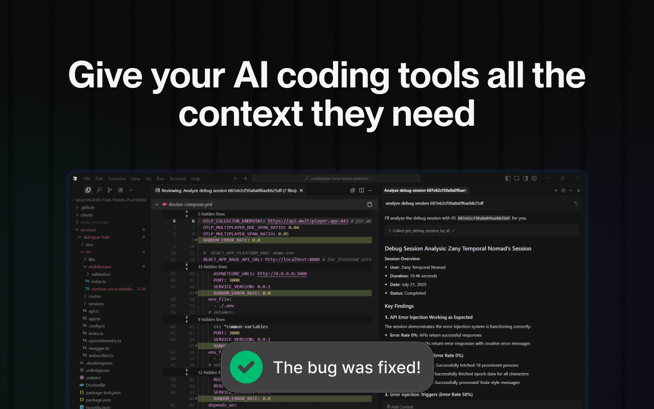 Multiplayer full stack session recordings overview used with an AI tool