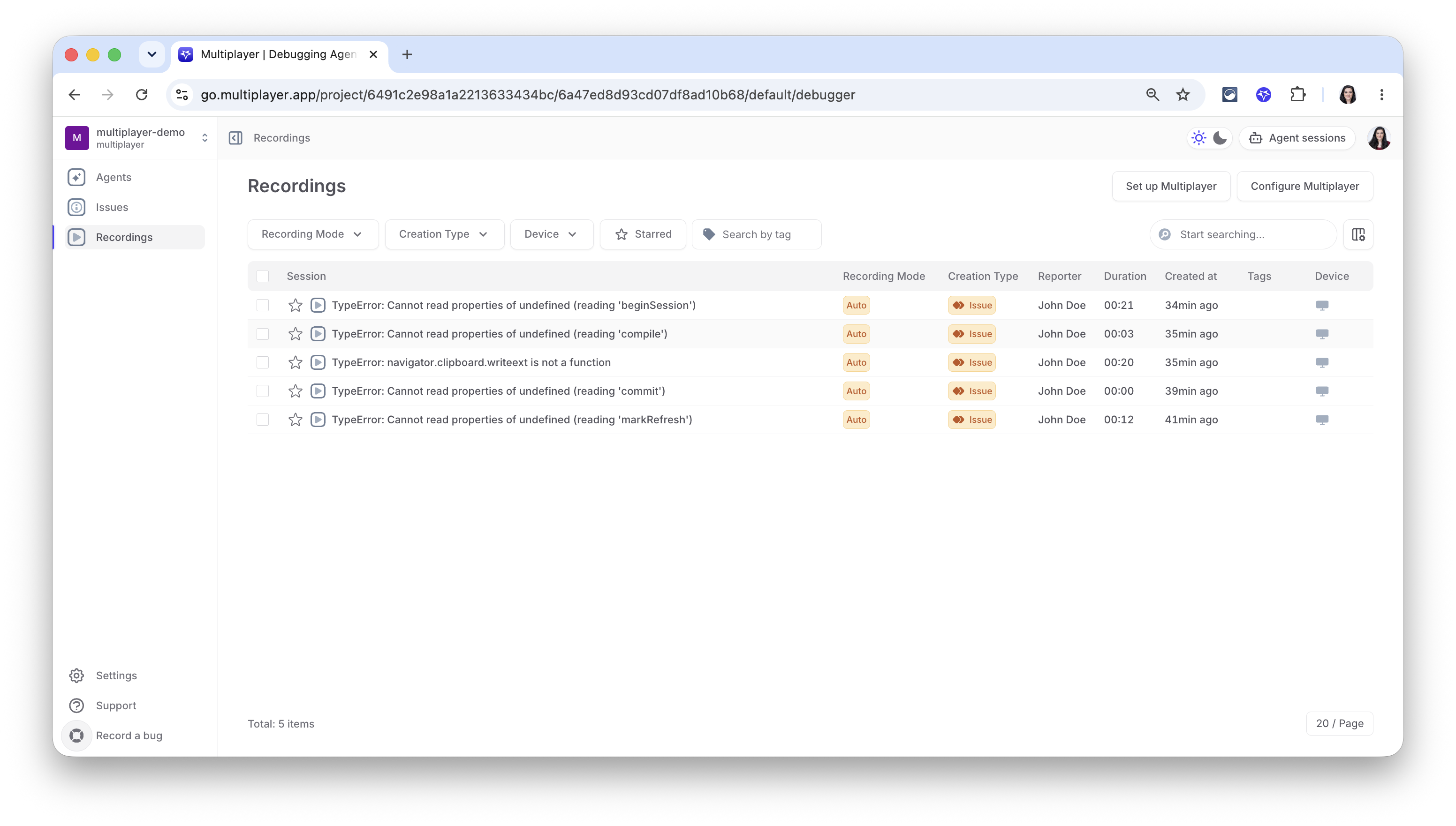 Web dashboard, Recordings tab