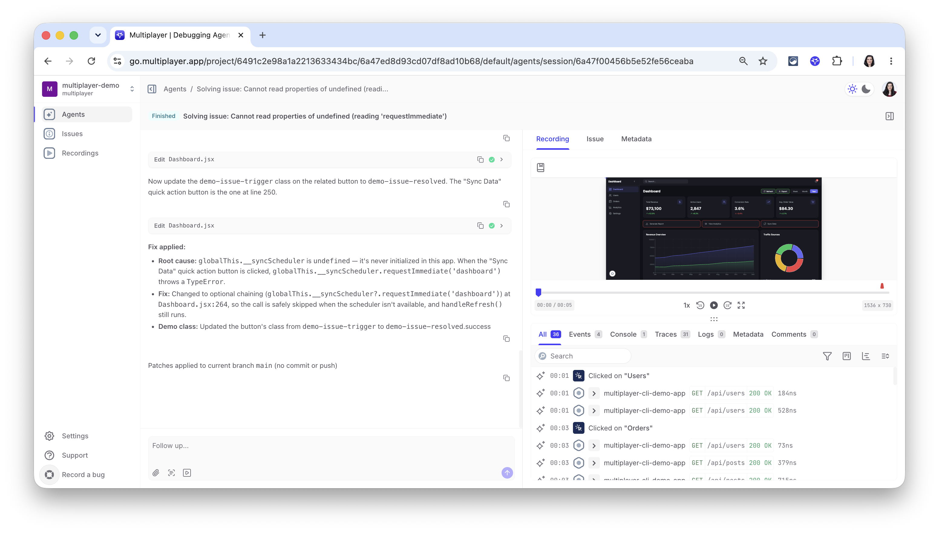 Web dashboard, individual agent session