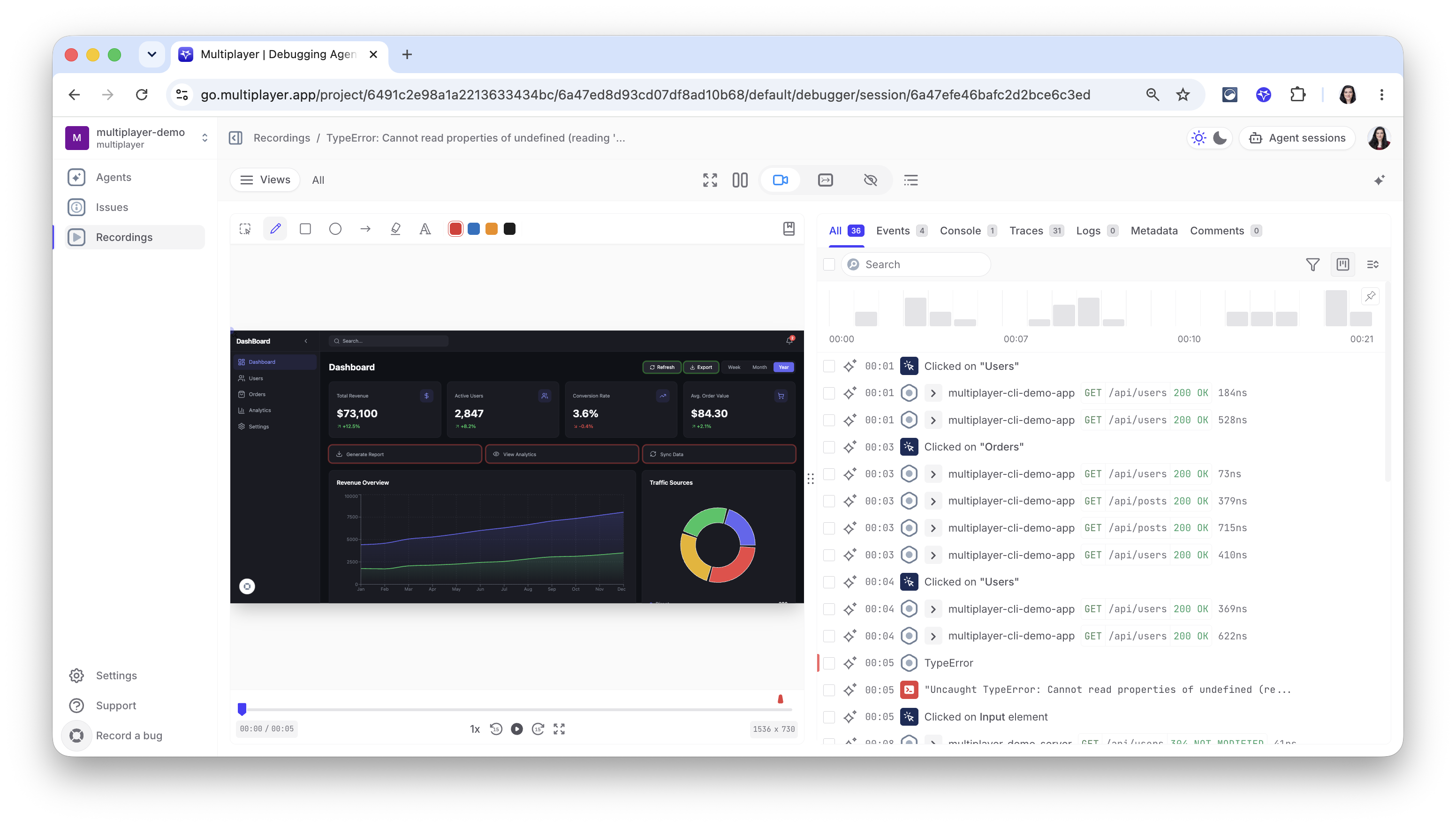 Web dashboard, inside an individual recording