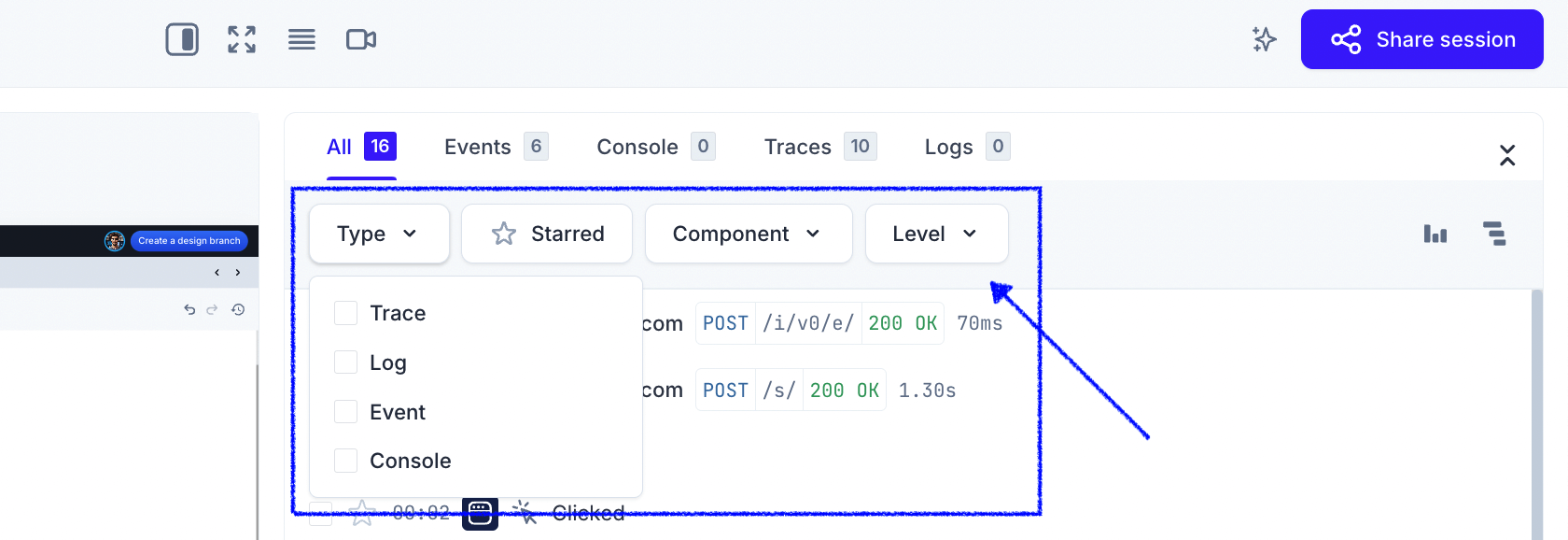 Screenshot of Platform Debugger filtering events