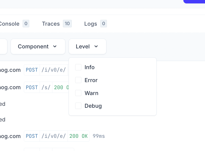 Screenshot of Platform Debugger filtering levels