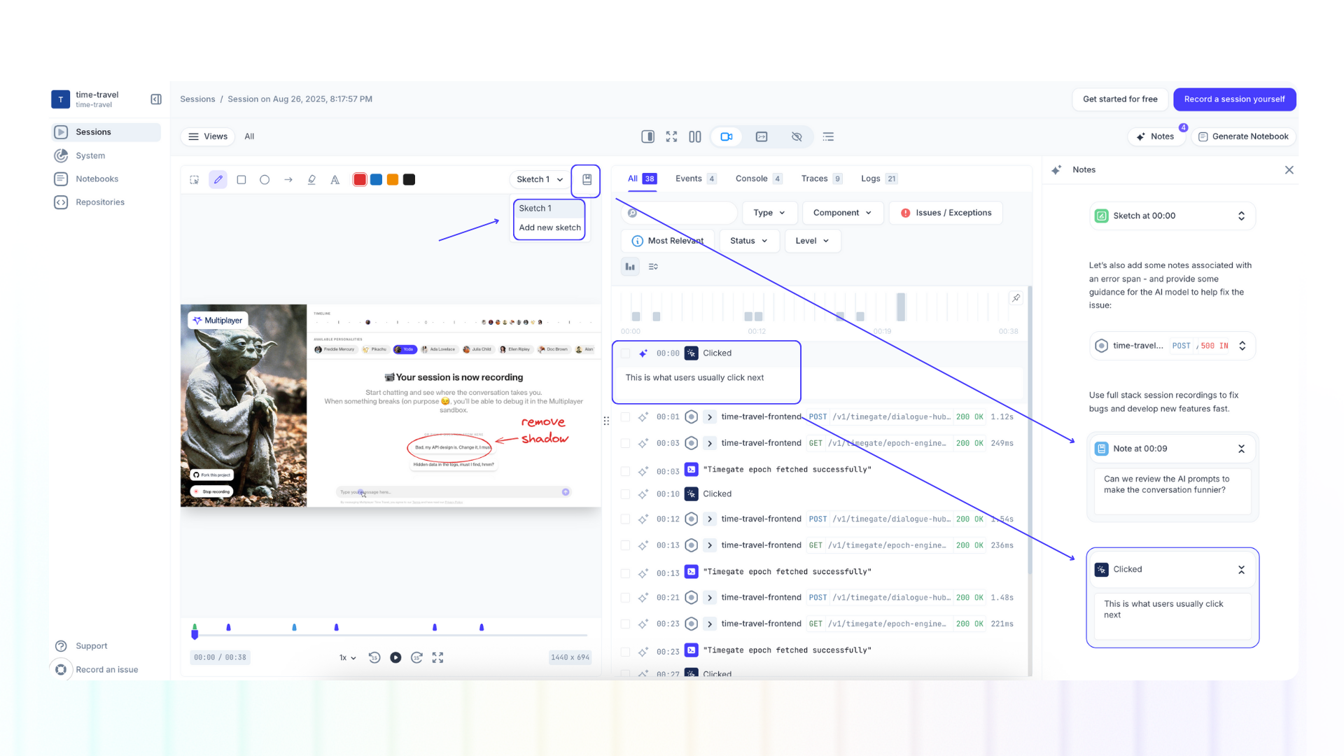 Screenshot of session notes features