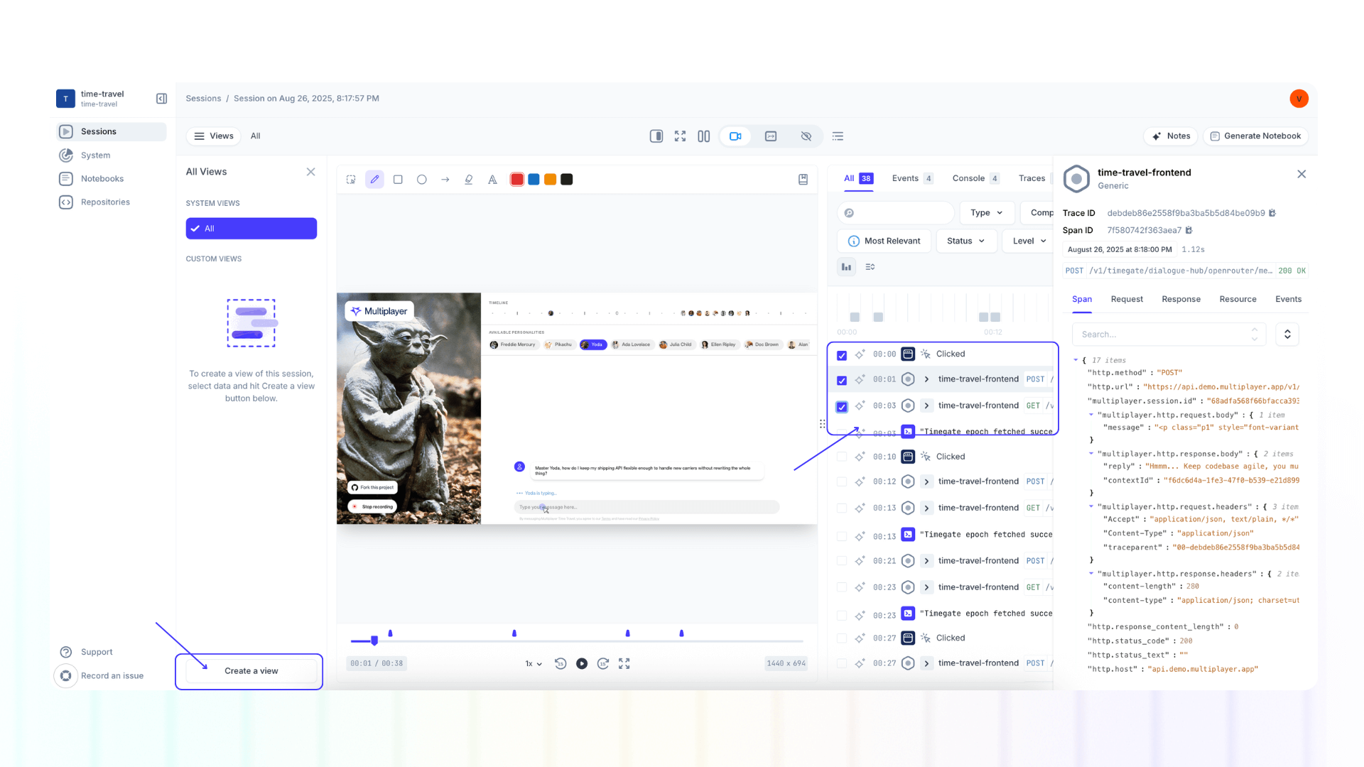 Screenshot of session view panel