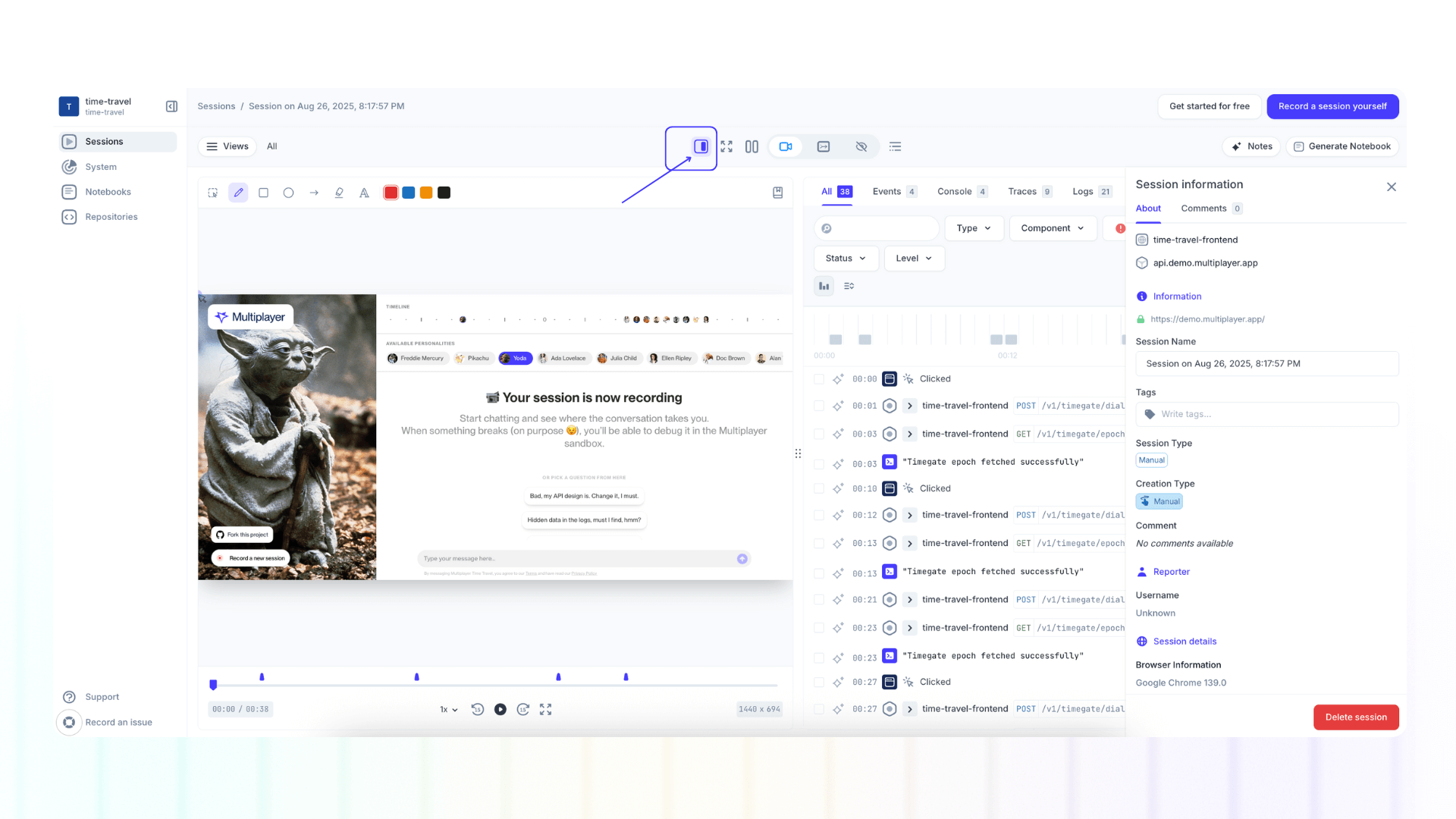 Screenshot of session info panel
