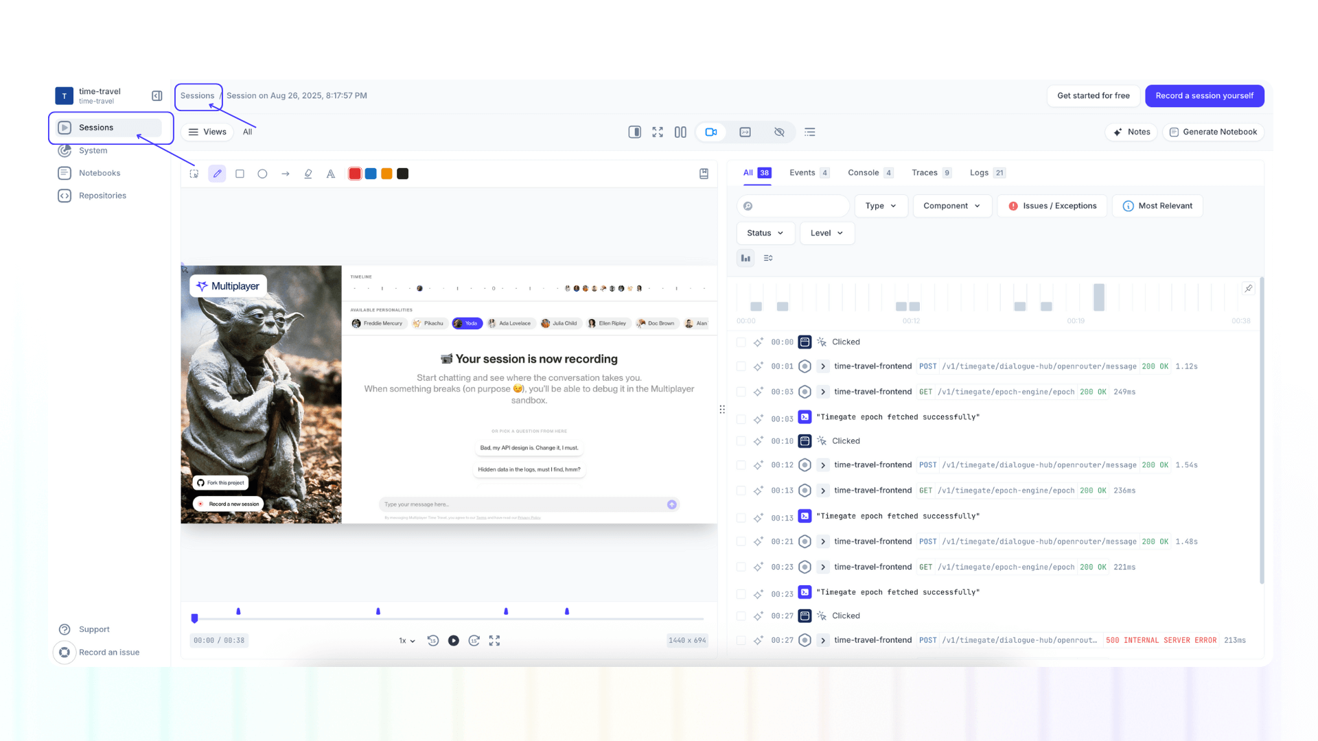 Screenshot of session navigation
