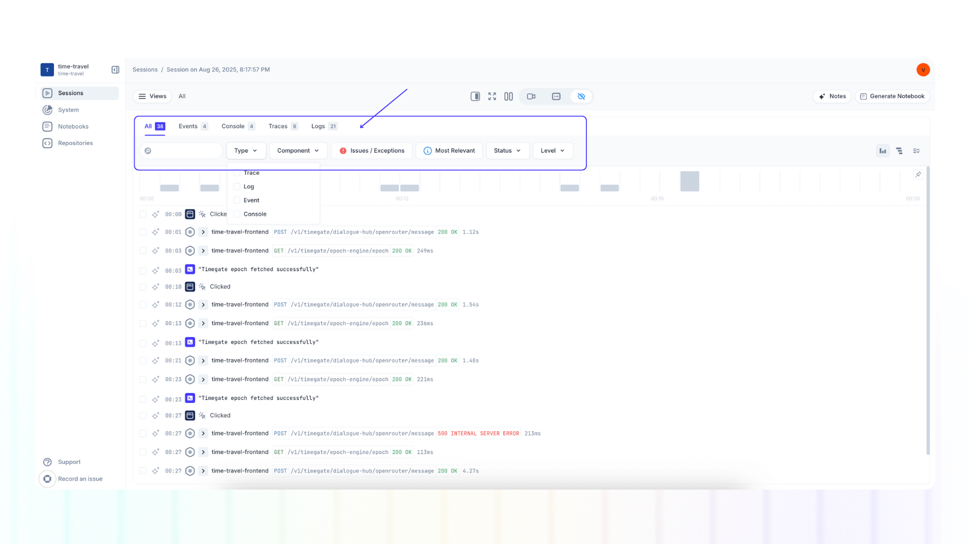 Screenshot of session filtering and search