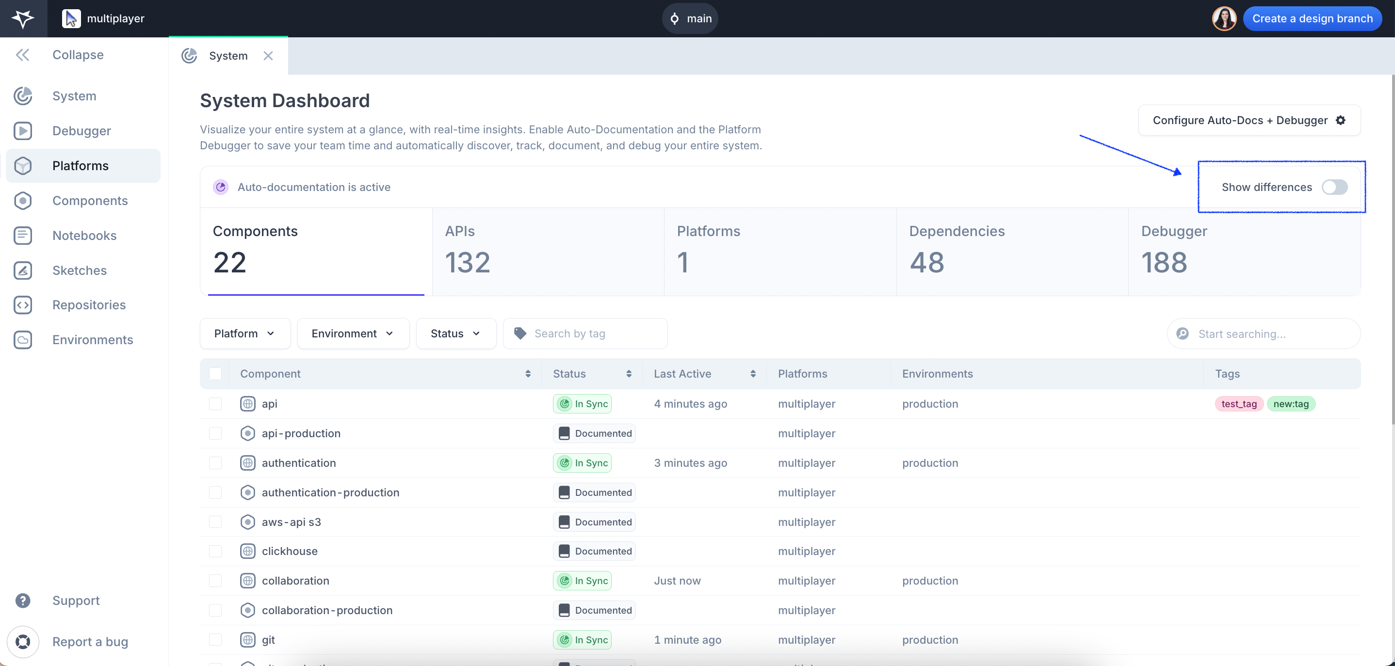 Show differences toggle in the System Dashboard