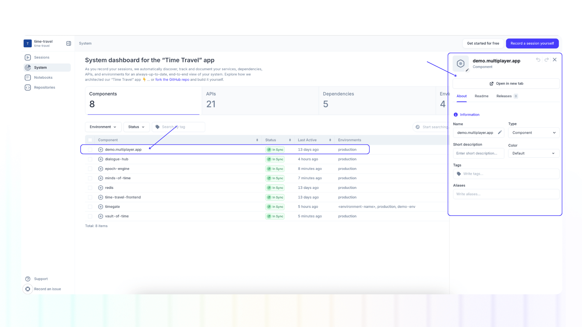 Screenshot of system dashboard status