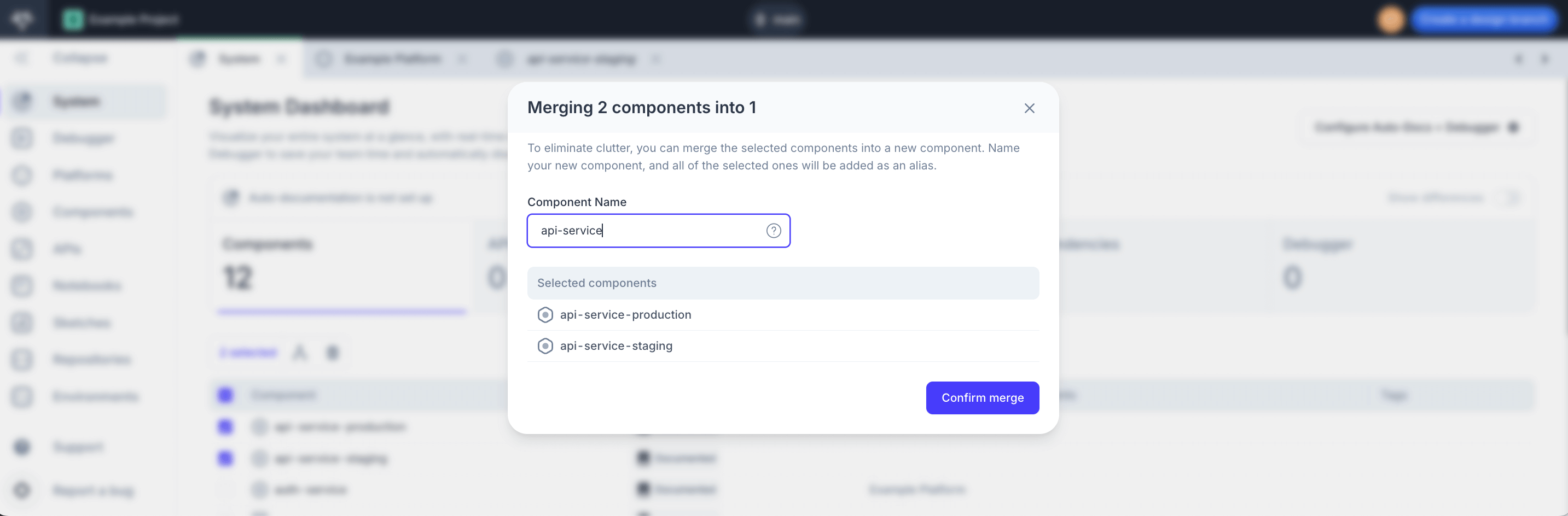 Merging two components in the System Dashboard