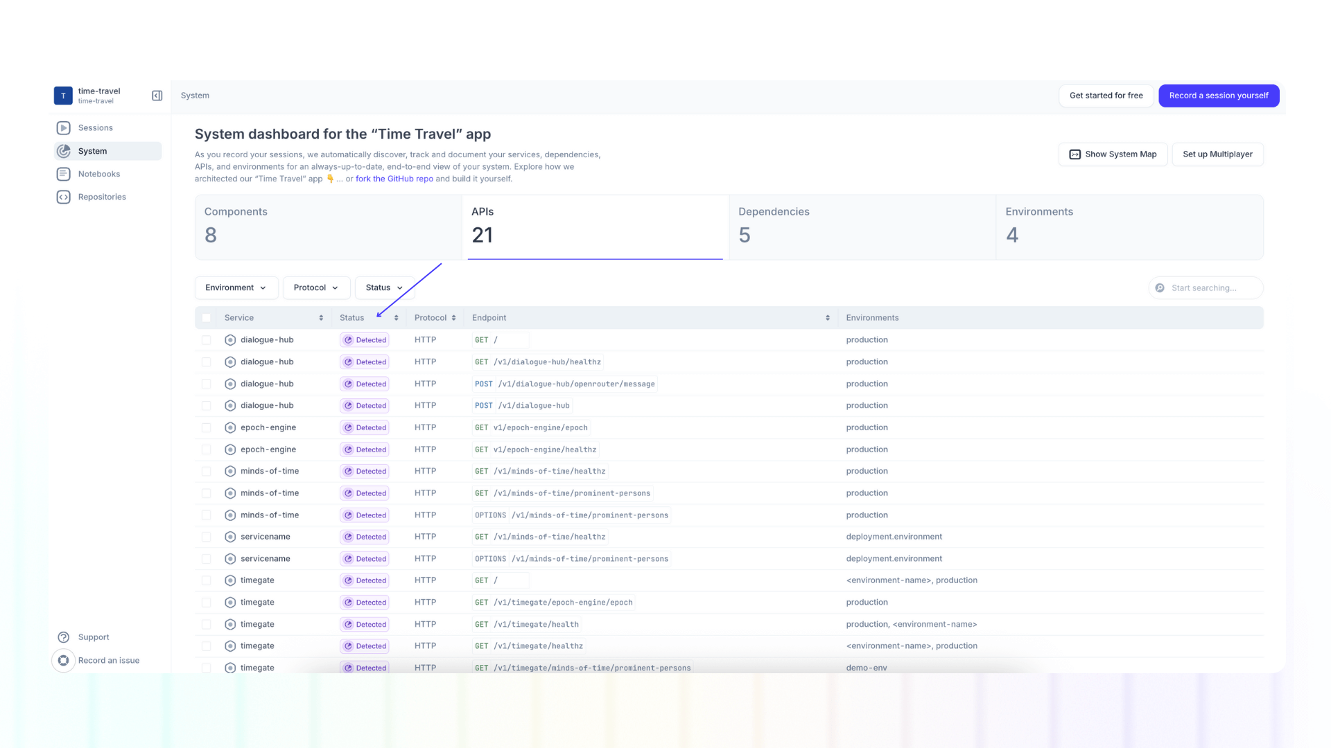 Screenshot of system dashboard status