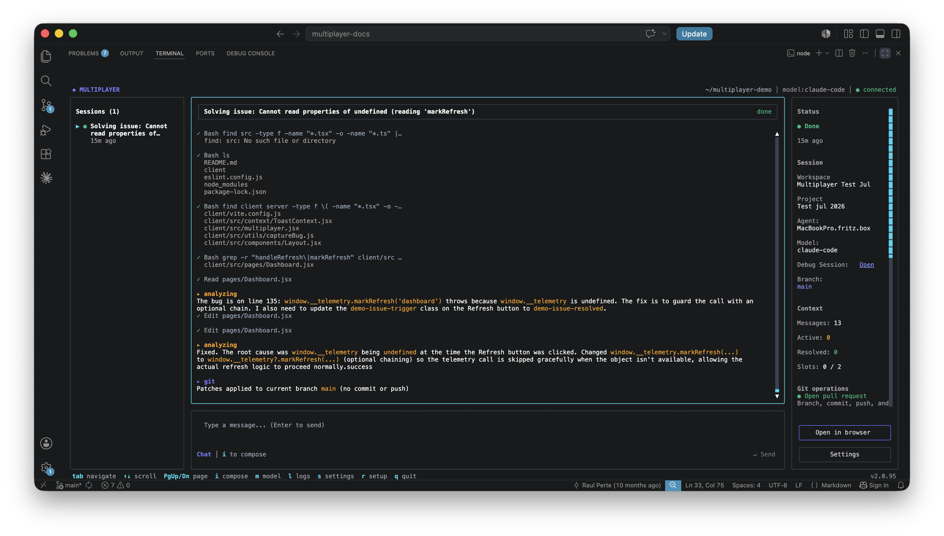 A Multiplayer agent session working through a captured issue: reading the relevant files, identifying the root cause, applying a fix, and preparing to open a PR