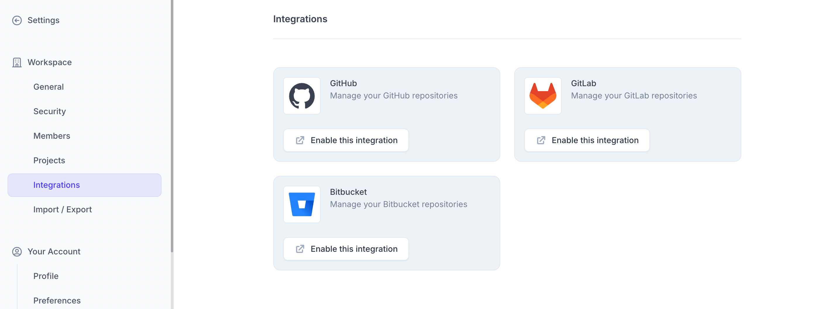 Screenshot of the integrations section