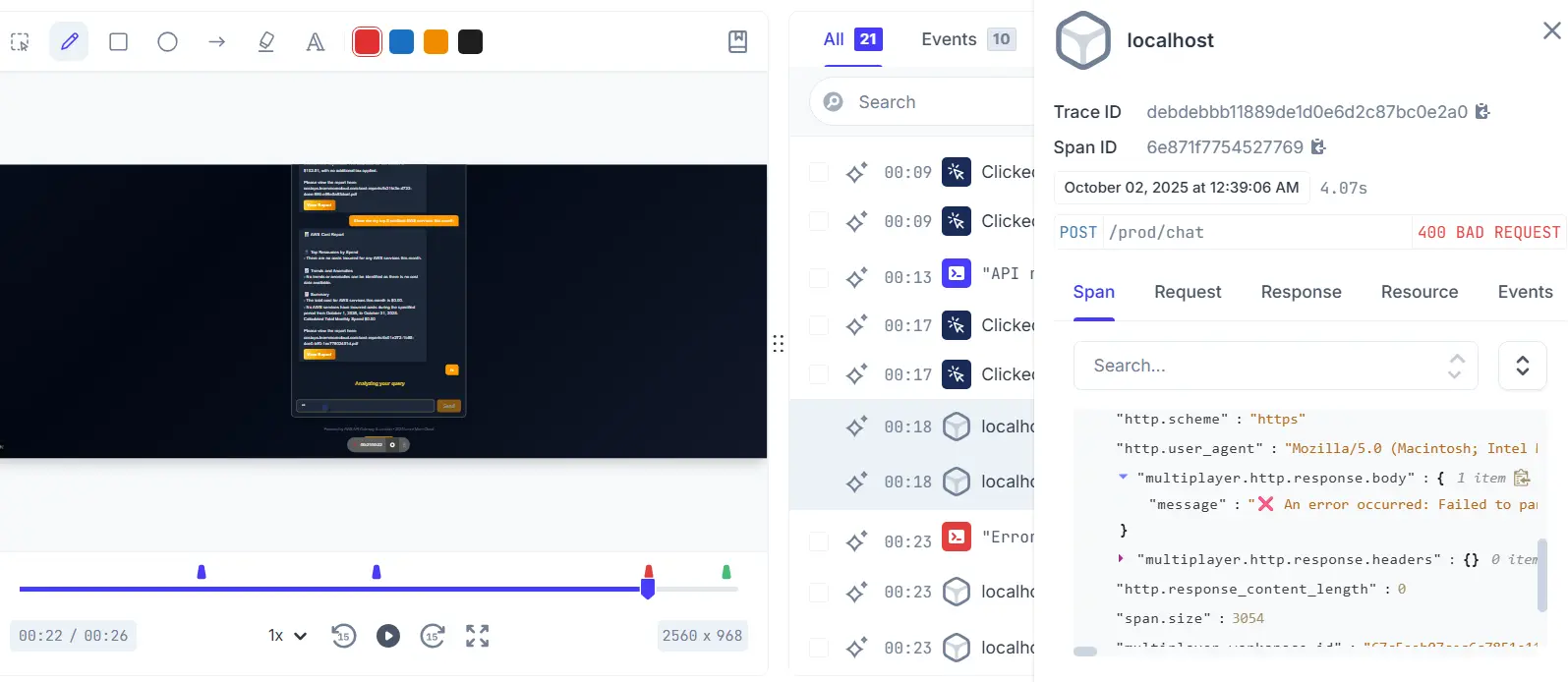 Time-synchronized view of a session highlighting the error timestamp