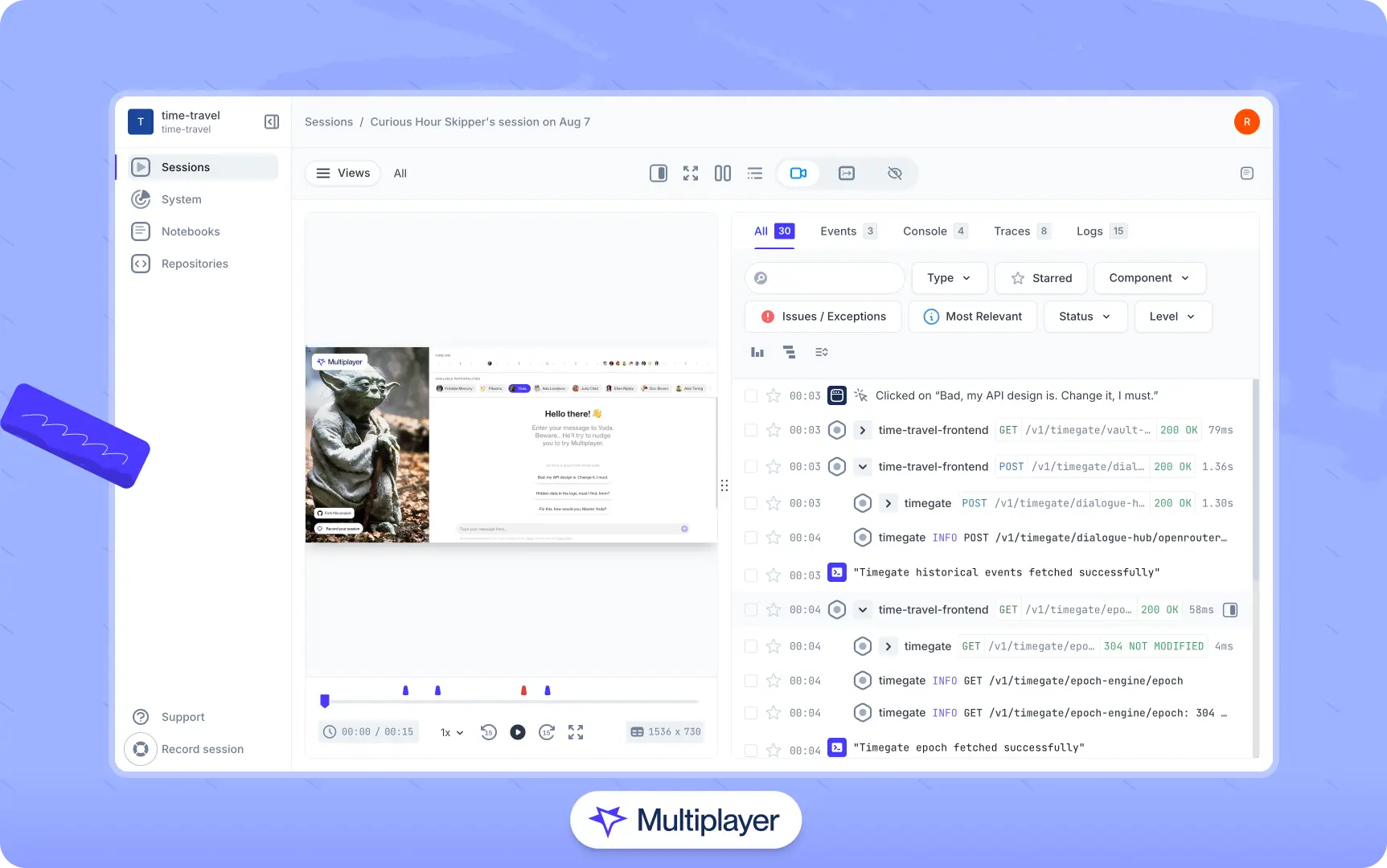 Full-stack session recording of an end-to-end user flow with frontend and backend events