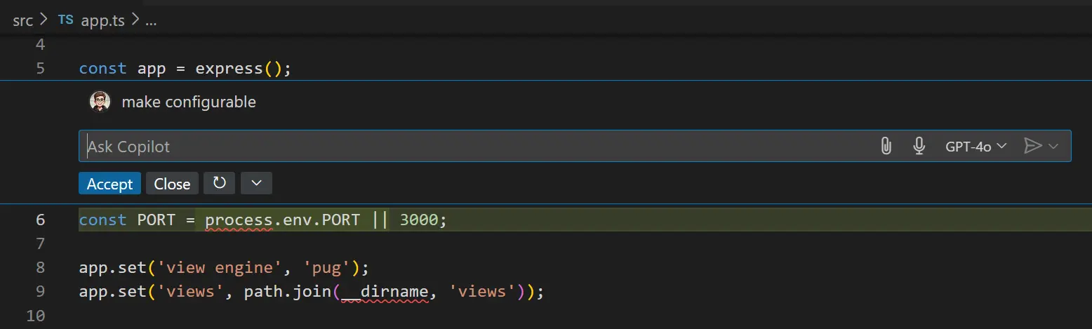 Copilot suggesting code inline in VS Code